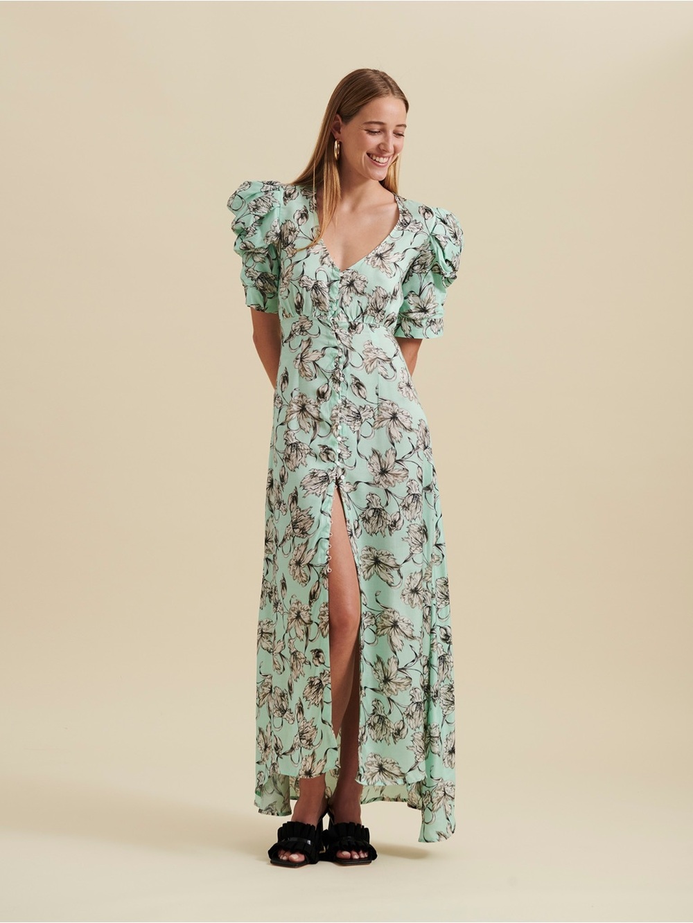 Biarritz Dress Floral V-neck Maxi Dress with Puff Sleeves and Center Buttons